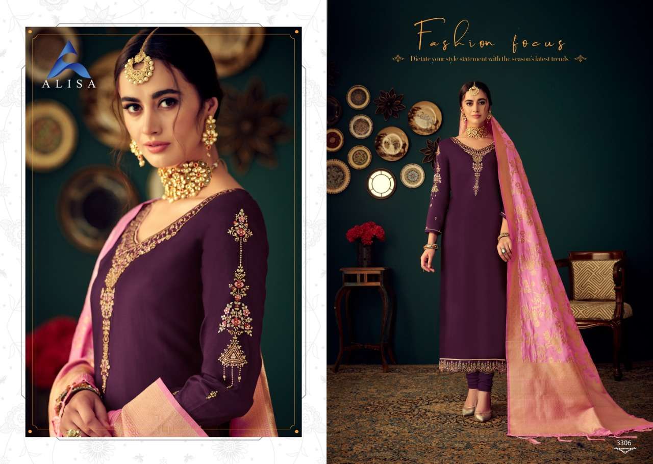 GUL BANARAS BY ALISA 3301 TO 3306 SERIES DESIGNER SUITS COLLECTION BEAUTIFUL STYLISH FANCY COLORFUL PARTY WEAR & OCCASIONAL WEAR JAM SATIN COTTON WITH HEAVY EMBROIDERY DRESSES AT WHOLESALE PRICE
