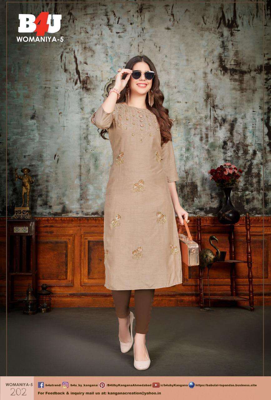 WOMANIYA VOL-5 BY B4U FASHION 801 TO 809 SERIES DESIGNER STYLISH FANCY COLORFUL BEAUTIFUL PARTY WEAR & ETHNIC WEAR COLLECTION FANCY HEAVY KURTIS AT WHOLESALE PRICE
