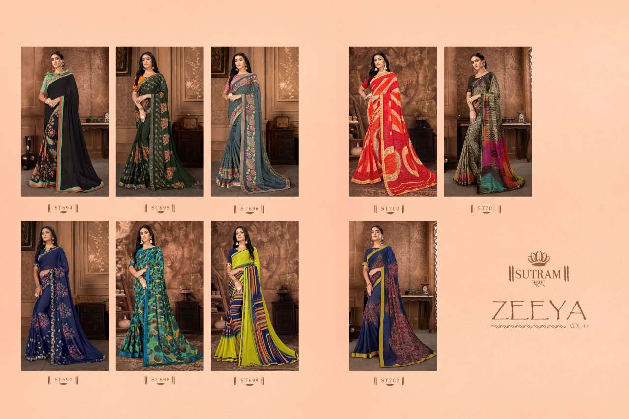 ZEEYA VOL-10 BY SUTRAM 694 TO 702 SERIES INDIAN TRADITIONAL WEAR COLLECTION BEAUTIFUL STYLISH FANCY COLORFUL PARTY WEAR & OCCASIONAL WEAR GEORGETTE PRINTED SAREES AT WHOLESALE PRICE
