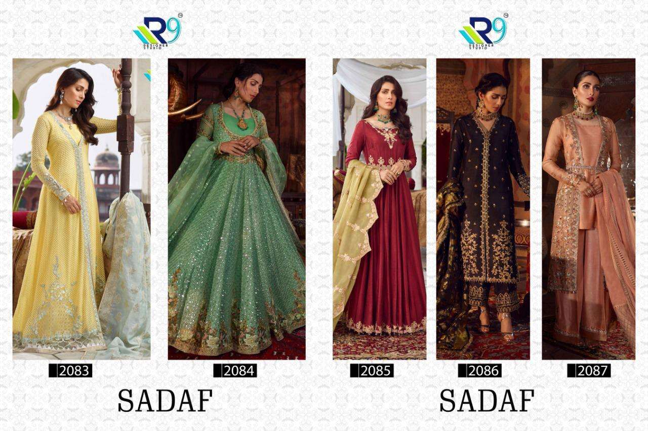SADAF BY R9 2083 TO 2087 SERIES BEAUTIFUL ANARKALI SUITS STYLISH FANCY COLORFUL PARTY WEAR & ETHNIC WEAR FAUX GEORGETTE / SILK SATIN EMBROIDERED DRESSES AT WHOLESALE PRICE