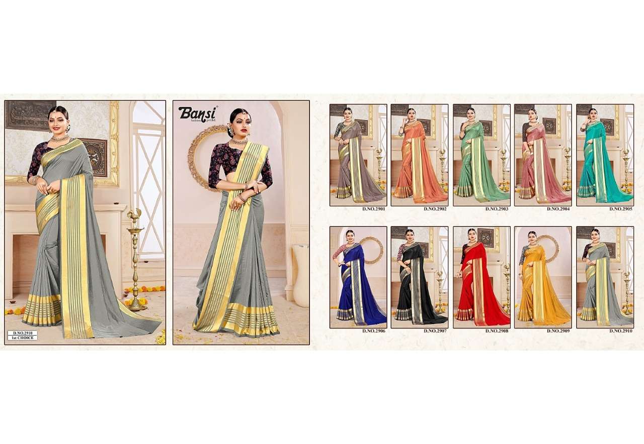 1ST CHOICE BY BANSI FASHION 2901 TO 2910 SERIES INDIAN TRADITIONAL WEAR COLLECTION BEAUTIFUL STYLISH FANCY COLORFUL PARTY WEAR & OCCASIONAL WEAR DOLA SILK WEAVING SATIN PATTA SAREES AT WHOLESALE PRICE