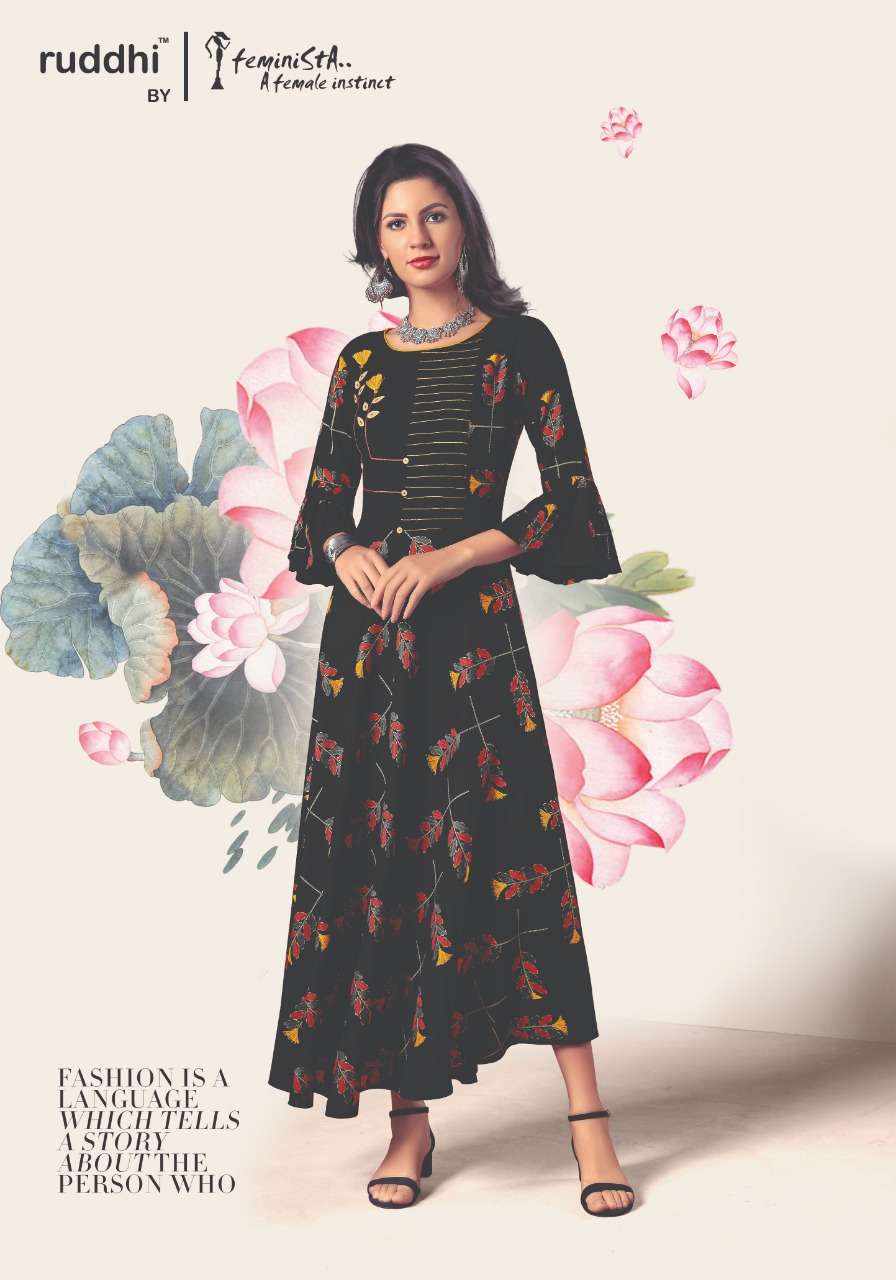BLACK MAGIC BY FEMINISTA 1161 TO 1166 SERIES BEAUTIFUL STYLISH COLORFUL FANCY PARTY WEAR & ETHNIC WEAR & READY TO WEAR RAYON PRINT WITH FOIL KURTIS AT WHOLESALE PRICE