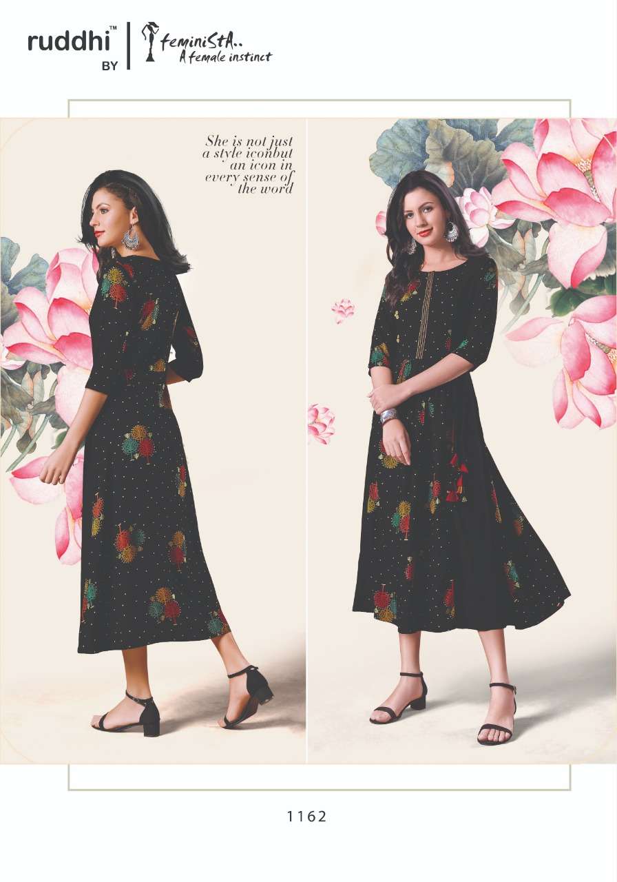 BLACK MAGIC BY FEMINISTA 1161 TO 1166 SERIES BEAUTIFUL STYLISH COLORFUL FANCY PARTY WEAR & ETHNIC WEAR & READY TO WEAR RAYON PRINT WITH FOIL KURTIS AT WHOLESALE PRICE