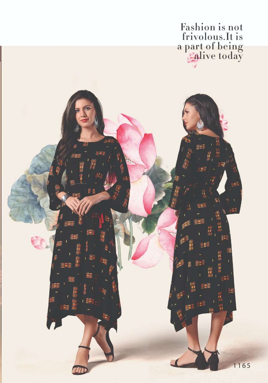 BLACK MAGIC BY FEMINISTA 1161 TO 1166 SERIES BEAUTIFUL STYLISH COLORFUL FANCY PARTY WEAR & ETHNIC WEAR & READY TO WEAR RAYON PRINT WITH FOIL KURTIS AT WHOLESALE PRICE