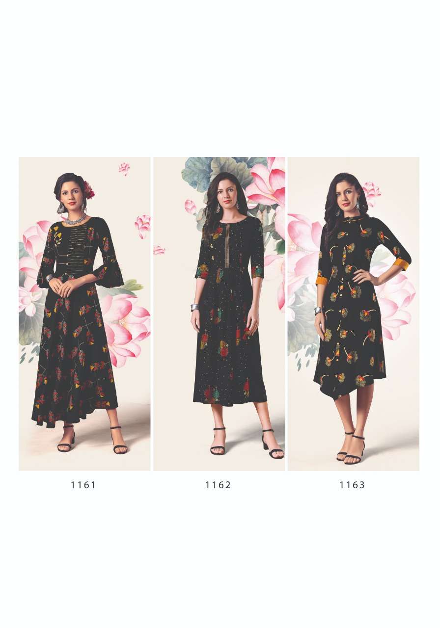 BLACK MAGIC BY FEMINISTA 1161 TO 1166 SERIES BEAUTIFUL STYLISH COLORFUL FANCY PARTY WEAR & ETHNIC WEAR & READY TO WEAR RAYON PRINT WITH FOIL KURTIS AT WHOLESALE PRICE