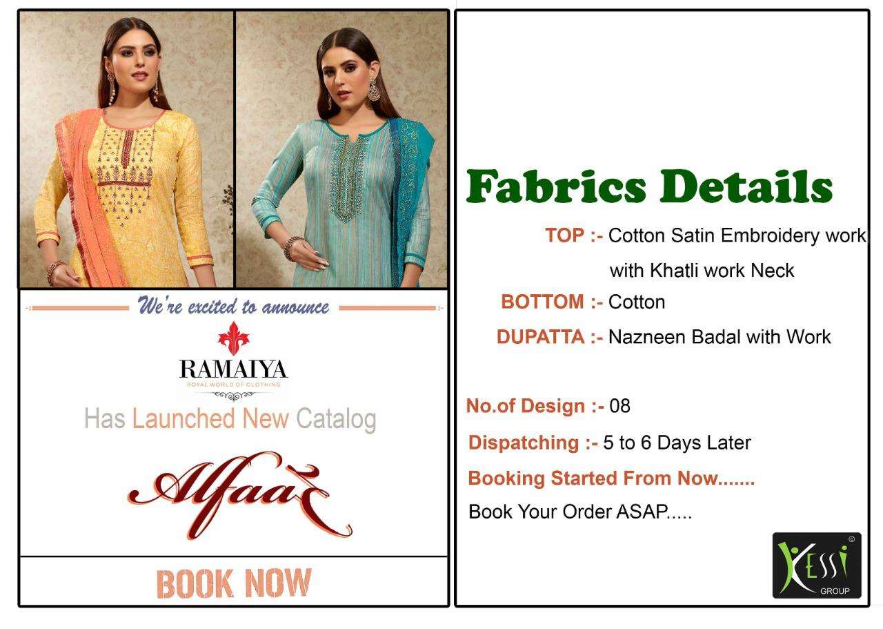 ALFAAZ BY RAMIYA 10051 TO 10058 SERIES SUITS BEAUTIFUL STYLISH FANCY COLORFUL DESIGNER PARTY WEAR & ETHNIC WEAR COTTON SATIN EMBROIDERY DRESSES AT WHOLESALE PRICE