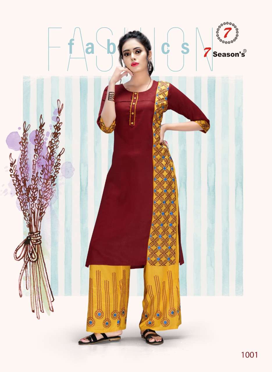 DHVANI BY 7 SEASONS 1001 TO 1007 SERIES BEAUTIFUL STYLISH COLORFUL FANCY PARTY WEAR & ETHNIC WEAR & READY TO WEAR RAYON WORKED KURTIS WITH BOTTOM AT WHOLESALE PRICE