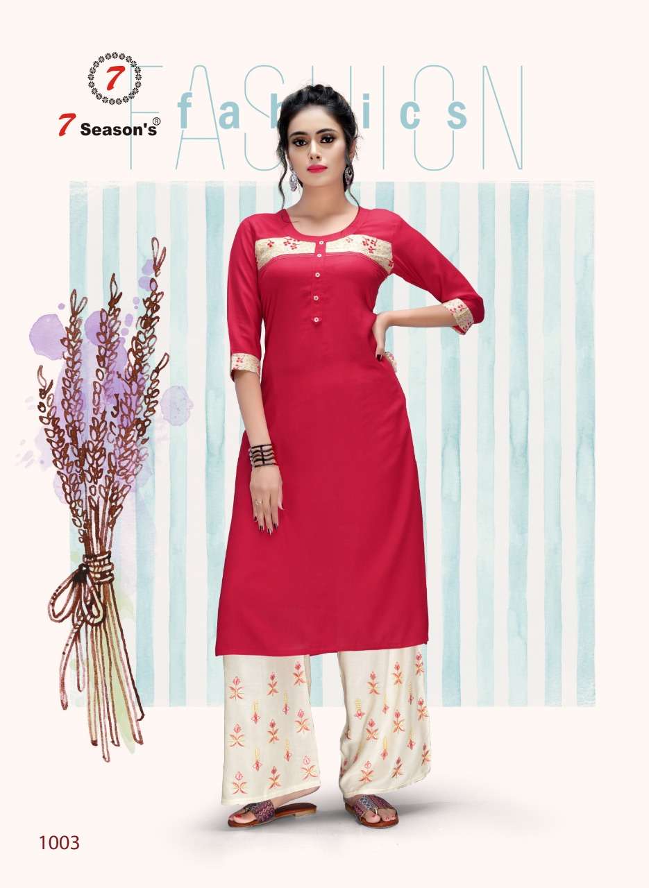DHVANI BY 7 SEASONS 1001 TO 1007 SERIES BEAUTIFUL STYLISH COLORFUL FANCY PARTY WEAR & ETHNIC WEAR & READY TO WEAR RAYON WORKED KURTIS WITH BOTTOM AT WHOLESALE PRICE