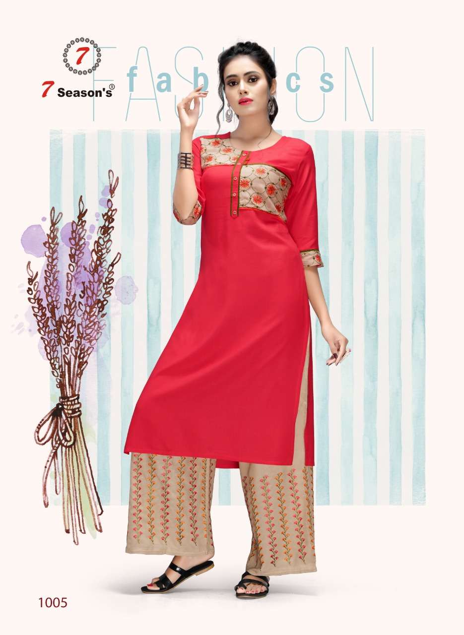 DHVANI BY 7 SEASONS 1001 TO 1007 SERIES BEAUTIFUL STYLISH COLORFUL FANCY PARTY WEAR & ETHNIC WEAR & READY TO WEAR RAYON WORKED KURTIS WITH BOTTOM AT WHOLESALE PRICE