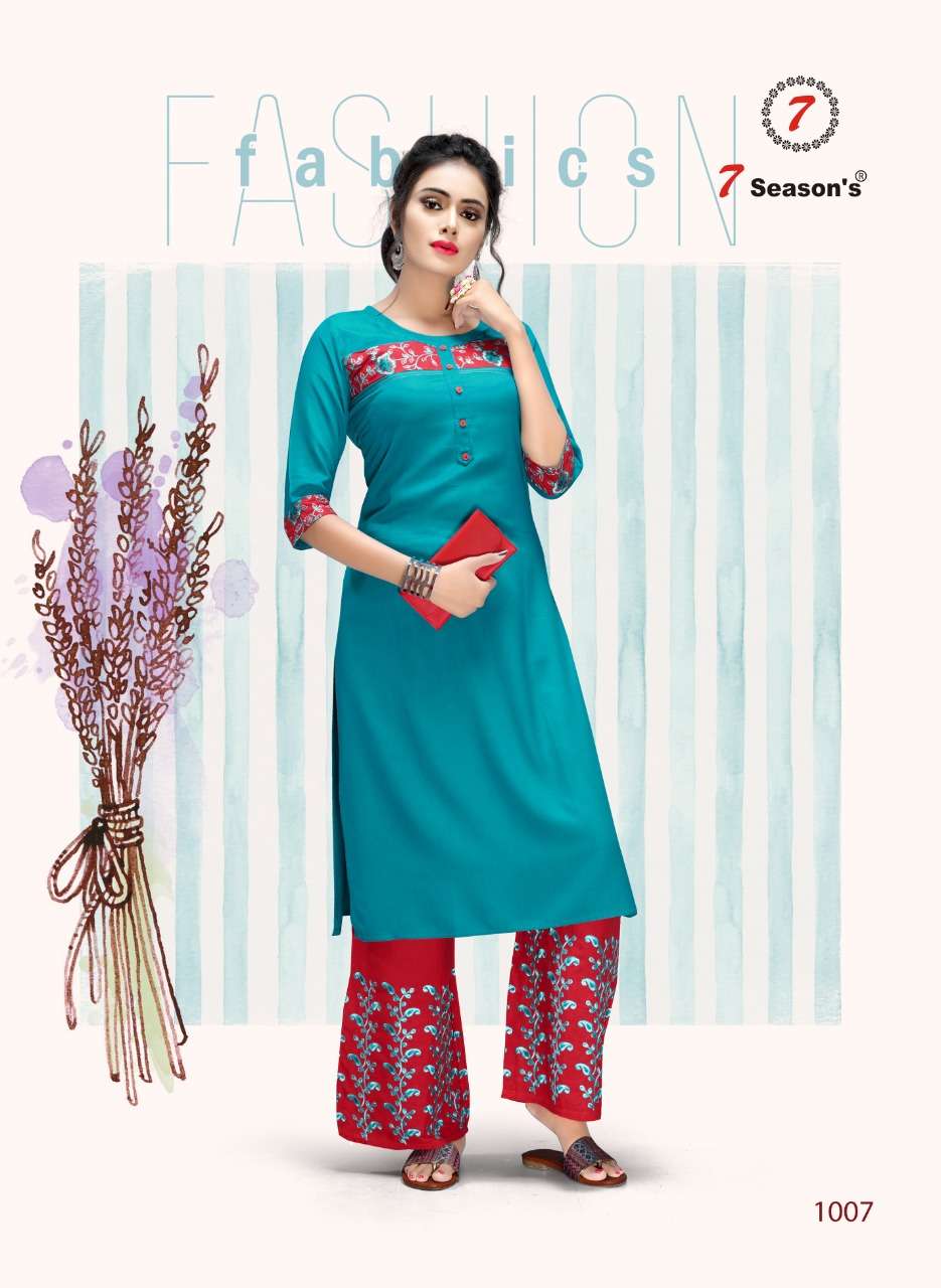 DHVANI BY 7 SEASONS 1001 TO 1007 SERIES BEAUTIFUL STYLISH COLORFUL FANCY PARTY WEAR & ETHNIC WEAR & READY TO WEAR RAYON WORKED KURTIS WITH BOTTOM AT WHOLESALE PRICE