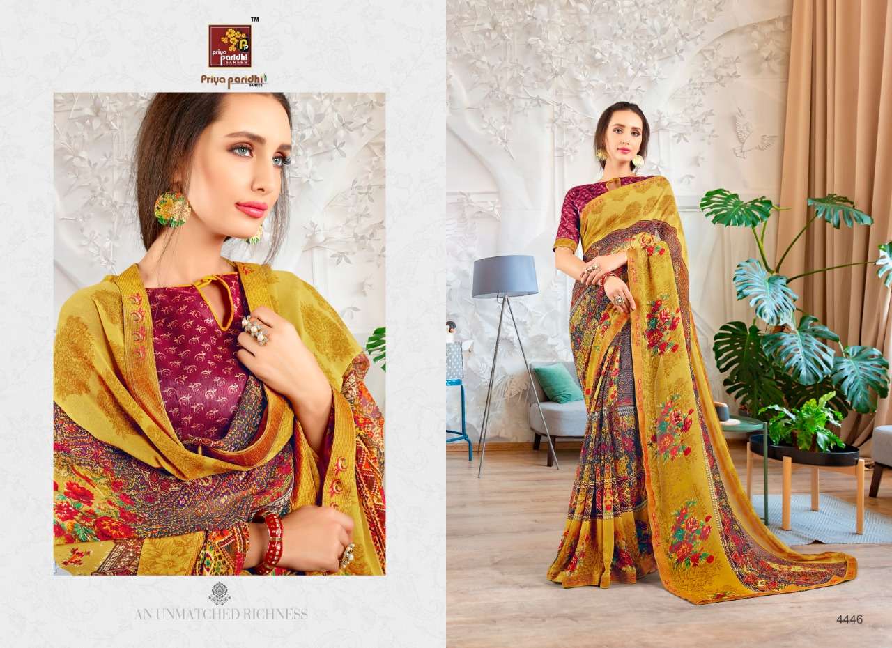RAMAYAN VOL-2 BY PRIYA PARIDHI 4445 TO 4456 SERIES INDIAN TRADITIONAL WEAR COLLECTION BEAUTIFUL STYLISH FANCY COLORFUL PARTY WEAR & OCCASIONAL WEAR MAKHMALI GEORGETTE PRINTED SAREES AT WHOLESALE PRICE