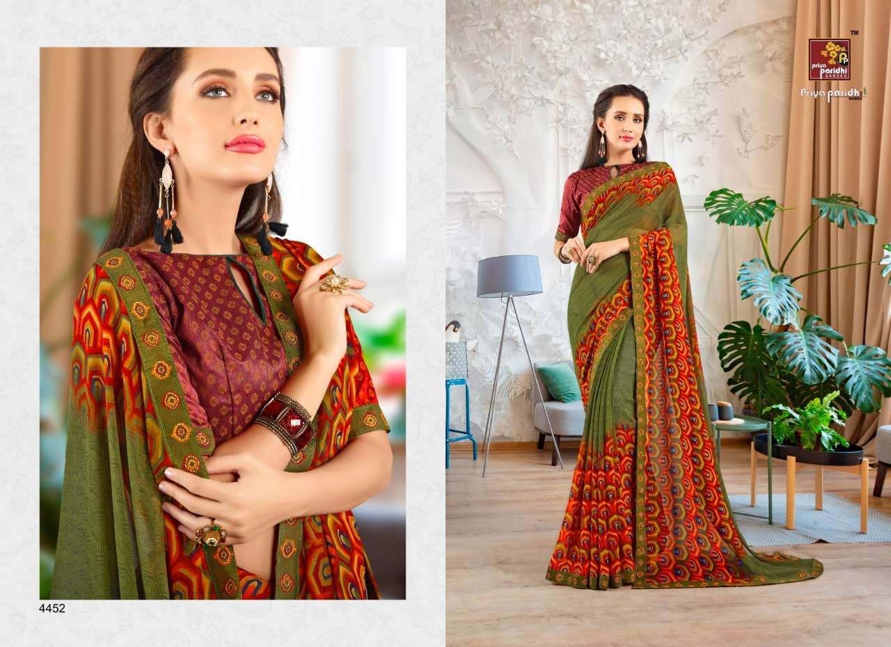 RAMAYAN VOL-2 BY PRIYA PARIDHI 4445 TO 4456 SERIES INDIAN TRADITIONAL WEAR COLLECTION BEAUTIFUL STYLISH FANCY COLORFUL PARTY WEAR & OCCASIONAL WEAR MAKHMALI GEORGETTE PRINTED SAREES AT WHOLESALE PRICE
