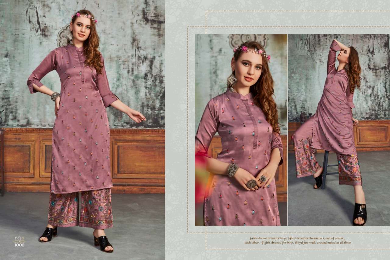 ELISA BY GALLBERRY 1001 TO 1004 SERIES BEAUTIFUL STYLISH FANCY COLORFUL CASUAL WEAR & ETHNIC WEAR SILK WITH KATHA WORK KURTIS WITH BOTTOM AT WHOLESALE PRICE