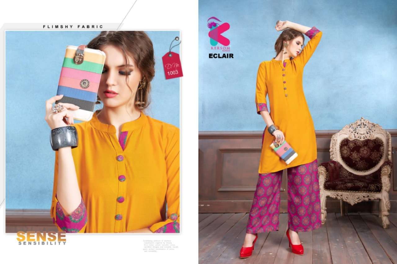 ECLAIR BY KERSOM 1001 TO 1008 SERIES STYLISH FANCY BEAUTIFUL COLORFUL CASUAL WEAR & ETHNIC WEAR HEAVY RAYON QUALITY KURTIS AT WHOLESALE PRICE