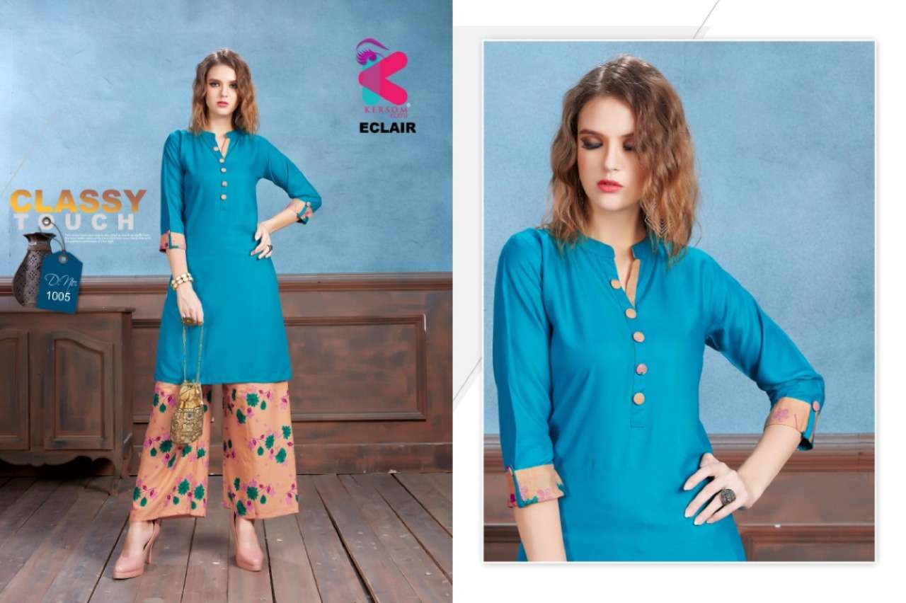 ECLAIR BY KERSOM 1001 TO 1008 SERIES STYLISH FANCY BEAUTIFUL COLORFUL CASUAL WEAR & ETHNIC WEAR HEAVY RAYON QUALITY KURTIS AT WHOLESALE PRICE