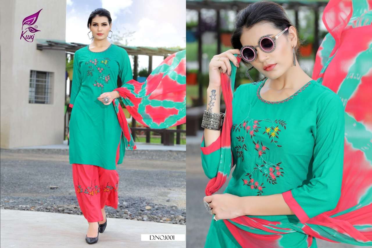 POSE BY KUNJ 1001 TO 1010 SERIES BEAUTIFUL STYLISH FANCY COLORFUL CASUAL WEAR & ETHNIC WEAR RAYON 14 KG WITH EMBROIDERY DRESSES AT WHOLESALE PRICE