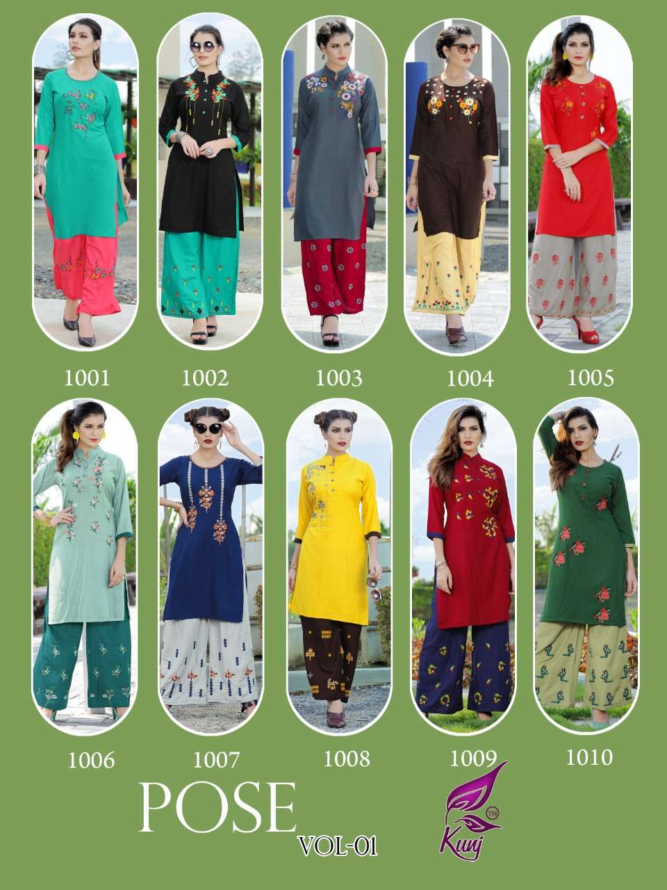 POSE BY KUNJ 1001 TO 1010 SERIES BEAUTIFUL STYLISH FANCY COLORFUL CASUAL WEAR & ETHNIC WEAR RAYON 14 KG WITH EMBROIDERY DRESSES AT WHOLESALE PRICE