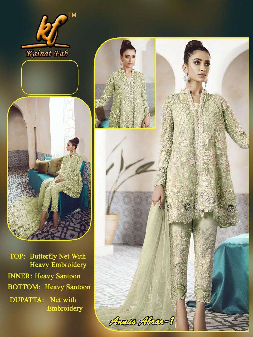 ANNUS ABRARA BY KAINAT FAB 01 TO 05 SERIES PAKISTANI SUITS BEAUTIFUL FANCY COLORFUL STYLISH PARTY WEAR & OCCASIONAL WEAR NET / PURE SANTOON HEAVY EMBROIDERED DRESSES AT WHOLESALE PRICE