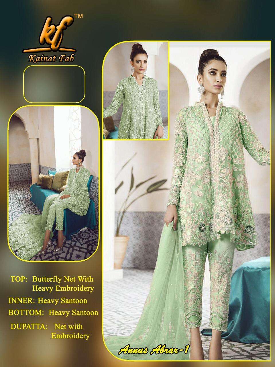 ANNUS ABRARA BY KAINAT FAB 01 TO 05 SERIES PAKISTANI SUITS BEAUTIFUL FANCY COLORFUL STYLISH PARTY WEAR & OCCASIONAL WEAR NET / PURE SANTOON HEAVY EMBROIDERED DRESSES AT WHOLESALE PRICE