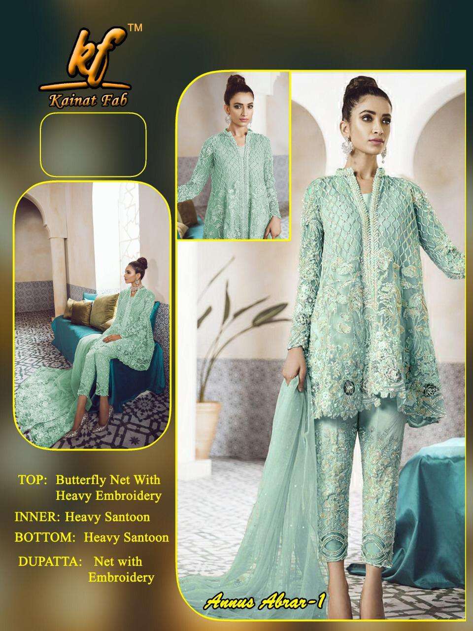 ANNUS ABRARA BY KAINAT FAB 01 TO 05 SERIES PAKISTANI SUITS BEAUTIFUL FANCY COLORFUL STYLISH PARTY WEAR & OCCASIONAL WEAR NET / PURE SANTOON HEAVY EMBROIDERED DRESSES AT WHOLESALE PRICE