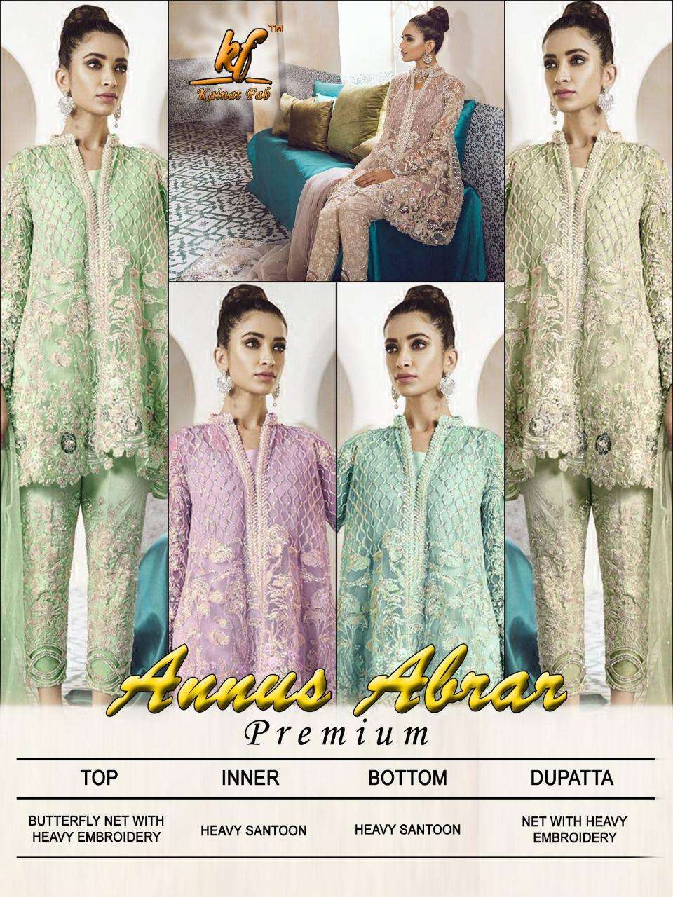 ANNUS ABRARA BY KAINAT FAB 01 TO 05 SERIES PAKISTANI SUITS BEAUTIFUL FANCY COLORFUL STYLISH PARTY WEAR & OCCASIONAL WEAR NET / PURE SANTOON HEAVY EMBROIDERED DRESSES AT WHOLESALE PRICE