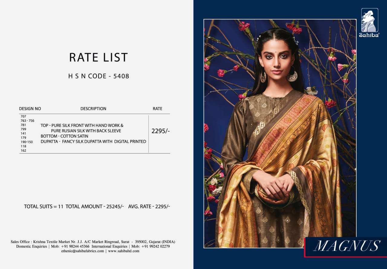 MAGNUS BY SAHIBA FABRICS BEAUTIFUL SUITS STYLISH BEAUTIFUL COLOURFUL PRINTED & EMBROIDERED PARTY WEAR & OCCASIONAL WEAR PURE SILK WITH HANDWORK DRESSES AT WHOLESALE PRICE