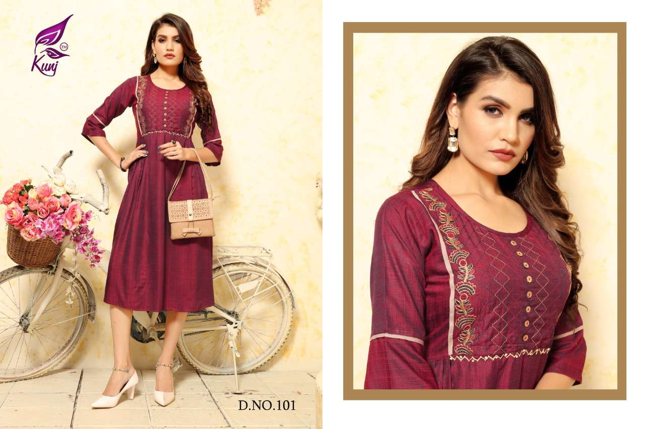 SILK BY KUNJ 101 TO 108 SERIES BEAUTIFUL COLORFUL STYLISH FANCY CASUAL WEAR & ETHNIC WEAR & READY TO WEAR RAYON SILK KURTIS AT WHOLESALE PRICE