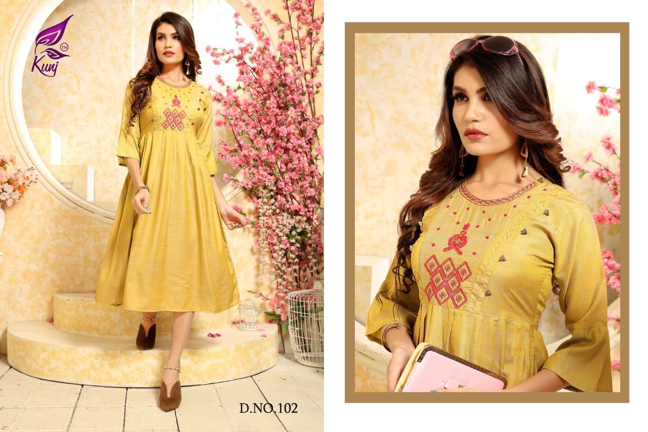 SILK BY KUNJ 101 TO 108 SERIES BEAUTIFUL COLORFUL STYLISH FANCY CASUAL WEAR & ETHNIC WEAR & READY TO WEAR RAYON SILK KURTIS AT WHOLESALE PRICE