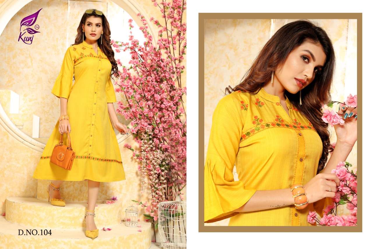 SILK BY KUNJ 101 TO 108 SERIES BEAUTIFUL COLORFUL STYLISH FANCY CASUAL WEAR & ETHNIC WEAR & READY TO WEAR RAYON SILK KURTIS AT WHOLESALE PRICE
