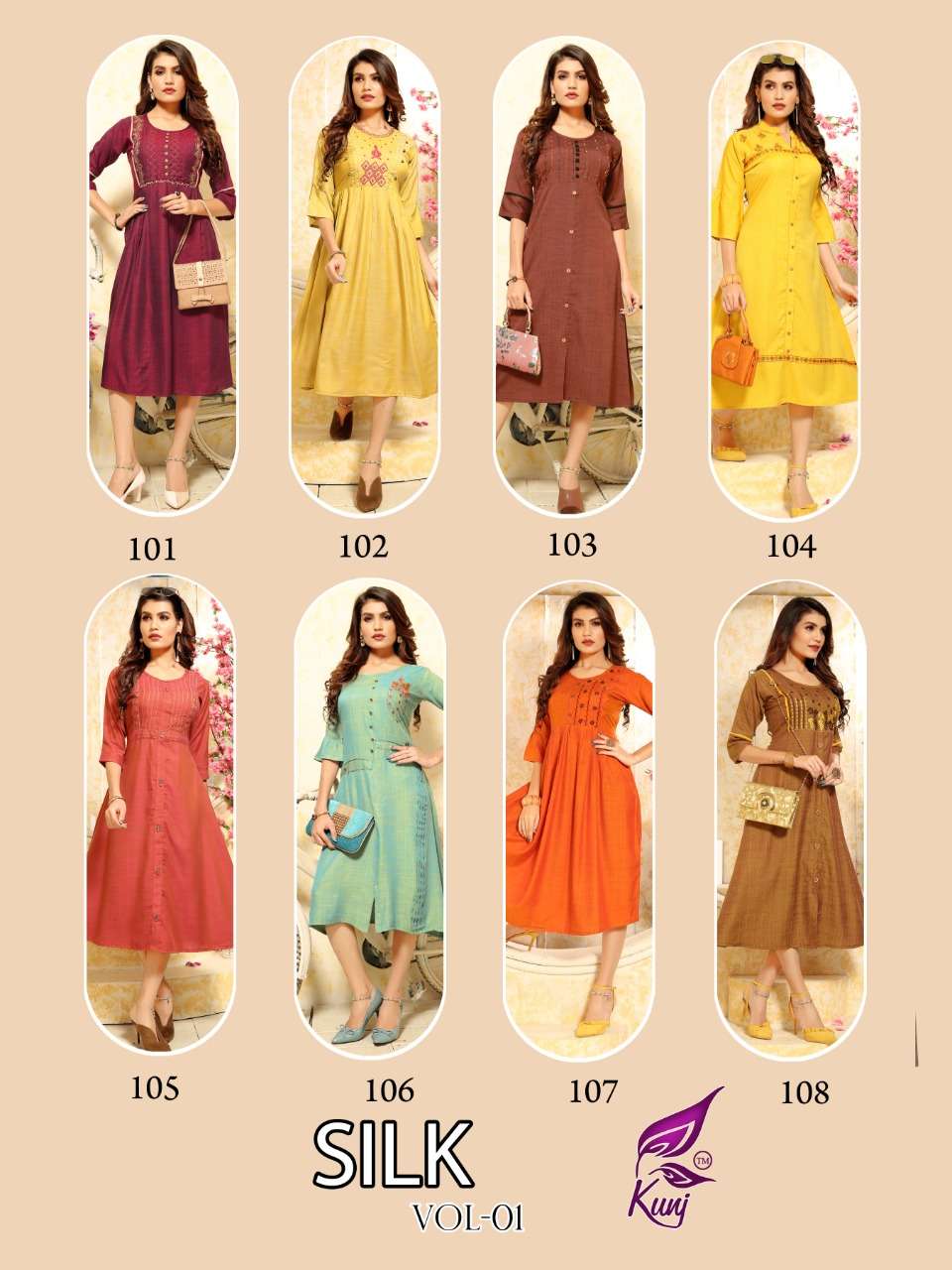 SILK BY KUNJ 101 TO 108 SERIES BEAUTIFUL COLORFUL STYLISH FANCY CASUAL WEAR & ETHNIC WEAR & READY TO WEAR RAYON SILK KURTIS AT WHOLESALE PRICE