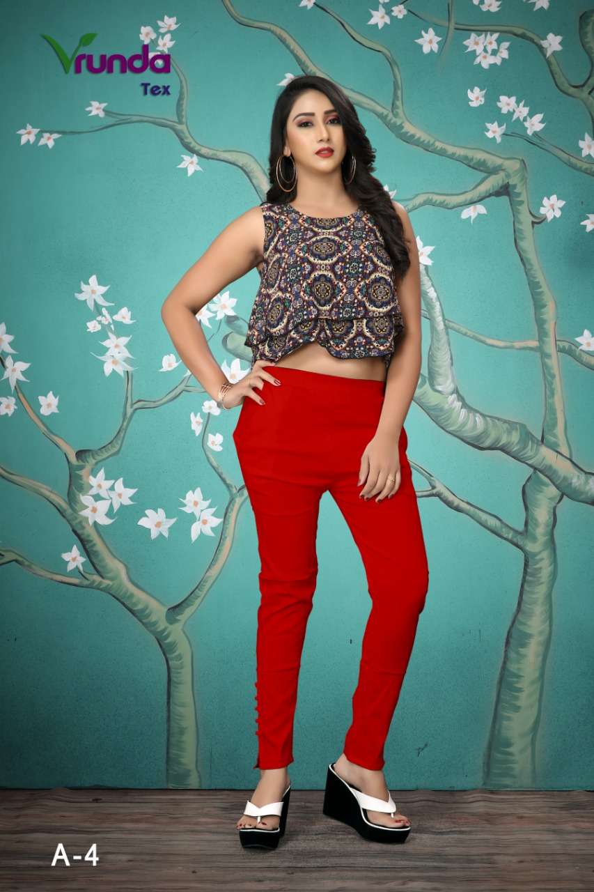 VT LADY PANTS BY VRUNDA TEX A-1 TO A-8 SERIES BEAUTIFUL STYLISH COLORFUL FANCY PARTY WEAR & ETHNIC WEAR & READY TO WEAR RAYON SLUB LAYCRA PANTS AT WHOLESALE PRICE