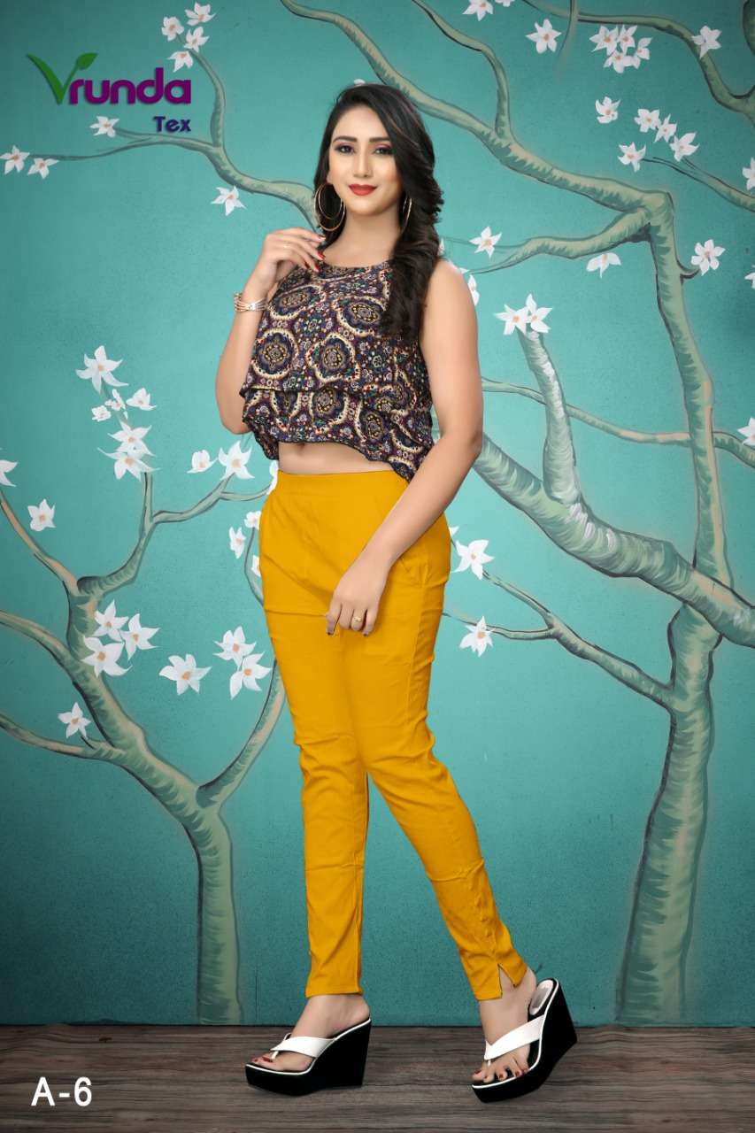 VT LADY PANTS BY VRUNDA TEX A-1 TO A-8 SERIES BEAUTIFUL STYLISH COLORFUL FANCY PARTY WEAR & ETHNIC WEAR & READY TO WEAR RAYON SLUB LAYCRA PANTS AT WHOLESALE PRICE