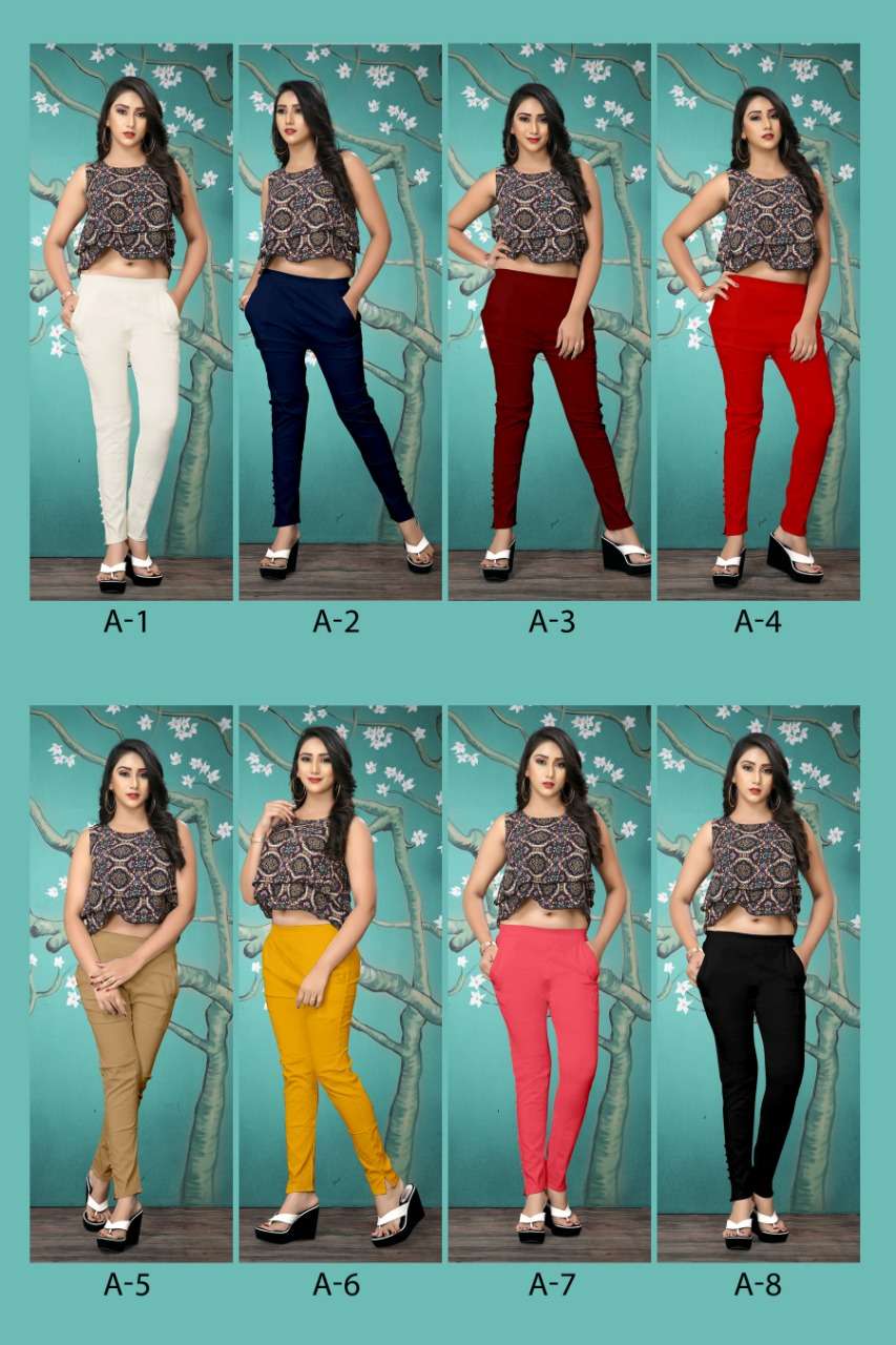 VT LADY PANTS BY VRUNDA TEX A-1 TO A-8 SERIES BEAUTIFUL STYLISH COLORFUL FANCY PARTY WEAR & ETHNIC WEAR & READY TO WEAR RAYON SLUB LAYCRA PANTS AT WHOLESALE PRICE