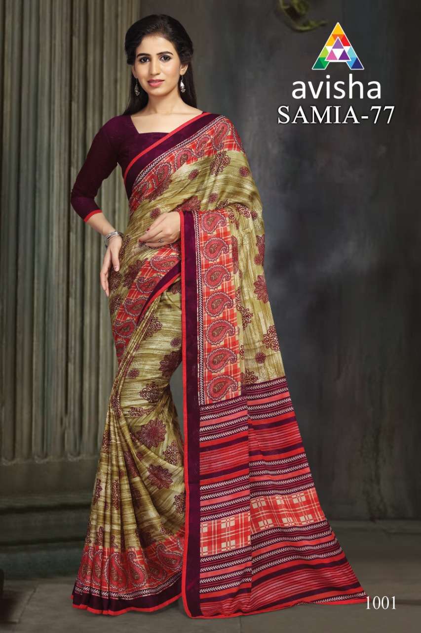 SAMIA VOL-77 BY AVISHA 1001 TO 1004 SERIES INDIAN TRADITIONAL WEAR COLLECTION BEAUTIFUL STYLISH FANCY COLORFUL PARTY WEAR & OCCASIONAL WEAR DYNA SILK SAREES AT WHOLESALE PRICE