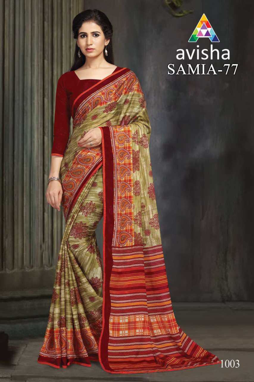 SAMIA VOL-77 BY AVISHA 1001 TO 1004 SERIES INDIAN TRADITIONAL WEAR COLLECTION BEAUTIFUL STYLISH FANCY COLORFUL PARTY WEAR & OCCASIONAL WEAR DYNA SILK SAREES AT WHOLESALE PRICE