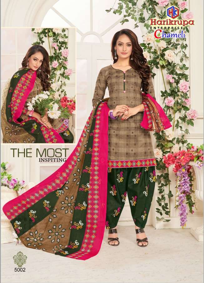 CHAMELI VOL-5 BY HARIKRUPA 5001 TO 5012 SERIES DESIGNER FESTIVE SUITS COLLECTION BEAUTIFUL STYLISH FANCY COLORFUL PARTY WEAR & OCCASIONAL WEAR COTTON PRINTED DRESSES AT WHOLESALE PRICE