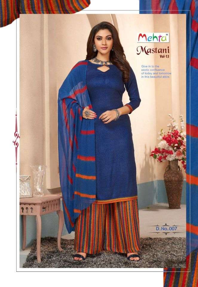 MASTANI VOL-13 BY MEHTA 001 TO 008 SERIES DESIGNER FESTIVE SUITS COLLECTION BEAUTIFUL STYLISH FANCY COLORFUL PARTY WEAR & OCCASIONAL WEAR RAYON SLEF PRINTED DRESSES AT WHOLESALE PRICE