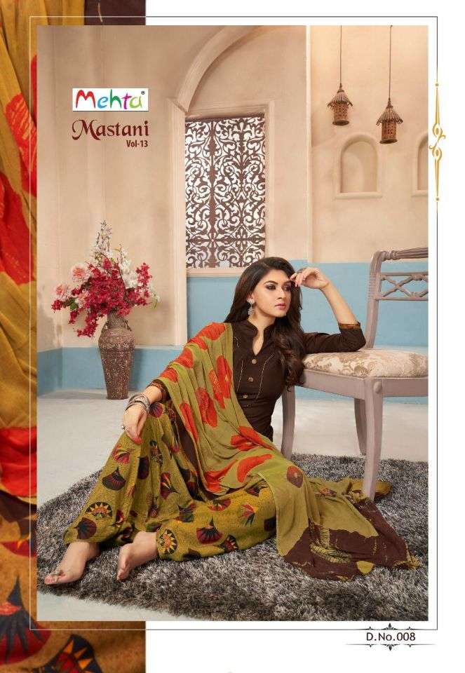 MASTANI VOL-13 BY MEHTA 001 TO 008 SERIES DESIGNER FESTIVE SUITS COLLECTION BEAUTIFUL STYLISH FANCY COLORFUL PARTY WEAR & OCCASIONAL WEAR RAYON SLEF PRINTED DRESSES AT WHOLESALE PRICE