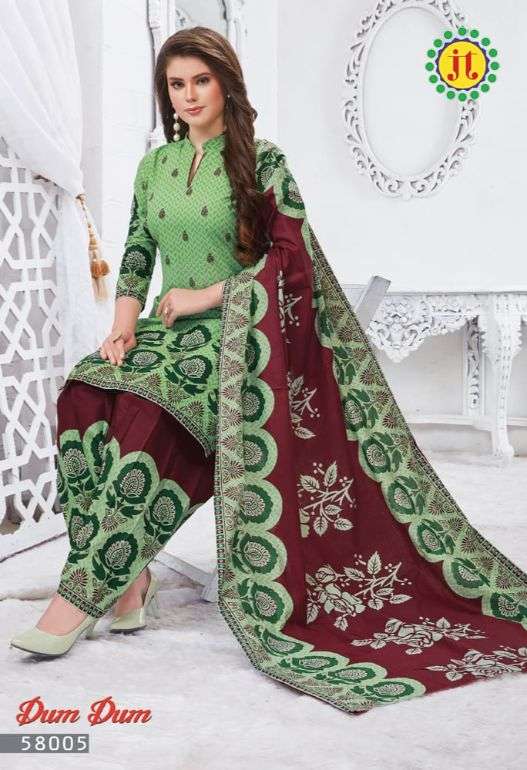DUM DUM VOL-58 BY JT 58001 TO 58012 SERIES DESIGNER FESTIVE SUITS COLLECTION BEAUTIFUL STYLISH FANCY COLORFUL PARTY WEAR & OCCASIONAL WEAR COTTON PRINTED DRESSES AT WHOLESALE PRICE
