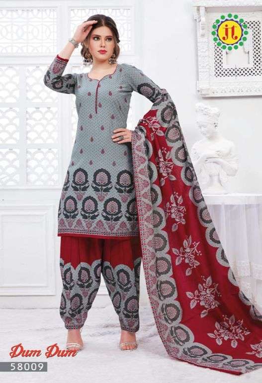 DUM DUM VOL-58 BY JT 58001 TO 58012 SERIES DESIGNER FESTIVE SUITS COLLECTION BEAUTIFUL STYLISH FANCY COLORFUL PARTY WEAR & OCCASIONAL WEAR COTTON PRINTED DRESSES AT WHOLESALE PRICE