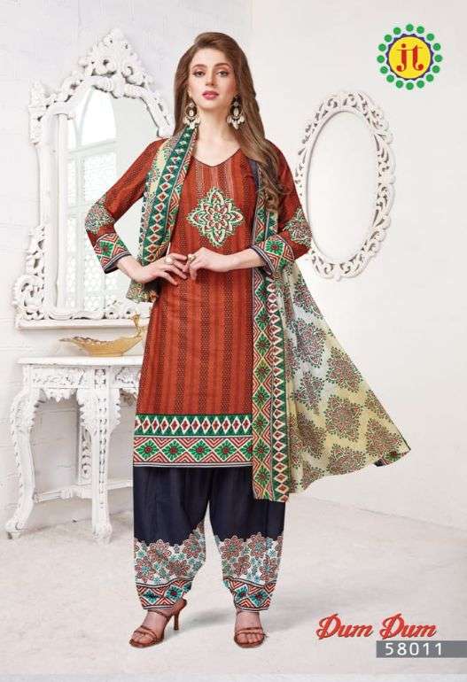 DUM DUM VOL-58 BY JT 58001 TO 58012 SERIES DESIGNER FESTIVE SUITS COLLECTION BEAUTIFUL STYLISH FANCY COLORFUL PARTY WEAR & OCCASIONAL WEAR COTTON PRINTED DRESSES AT WHOLESALE PRICE