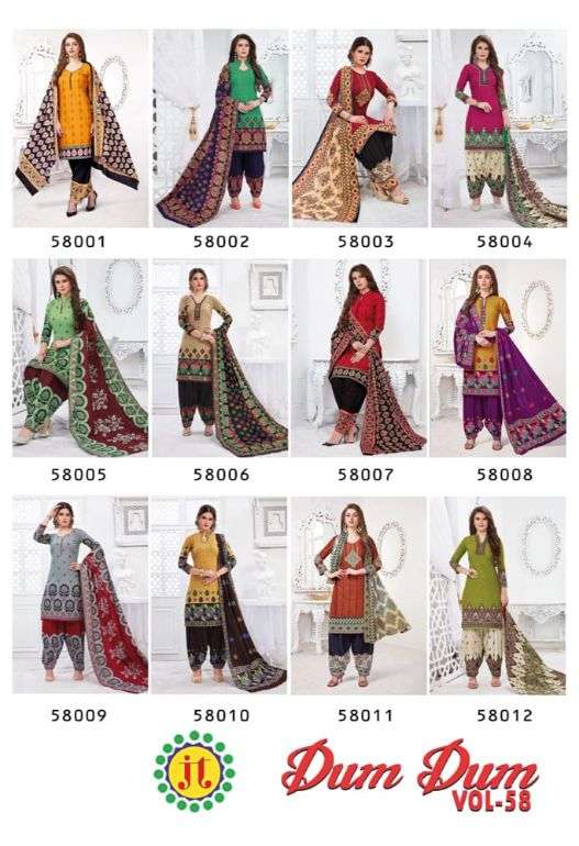 DUM DUM VOL-58 BY JT 58001 TO 58012 SERIES DESIGNER FESTIVE SUITS COLLECTION BEAUTIFUL STYLISH FANCY COLORFUL PARTY WEAR & OCCASIONAL WEAR COTTON PRINTED DRESSES AT WHOLESALE PRICE