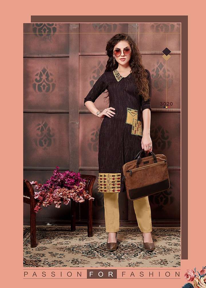 AANGI BY DEHLIZ TRENDZ 3020 TO 3025 SERIES BEAUTIFUL COLORFUL STYLISH FANCY CASUAL WEAR & ETHNIC WEAR & READY TO WEAR RAYON DUPLEX HEAVY FABRIC KURTIS AT WHOLESALE PRICE