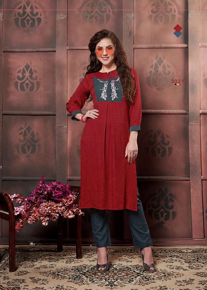 AANGI BY DEHLIZ TRENDZ 3020 TO 3025 SERIES BEAUTIFUL COLORFUL STYLISH FANCY CASUAL WEAR & ETHNIC WEAR & READY TO WEAR RAYON DUPLEX HEAVY FABRIC KURTIS AT WHOLESALE PRICE