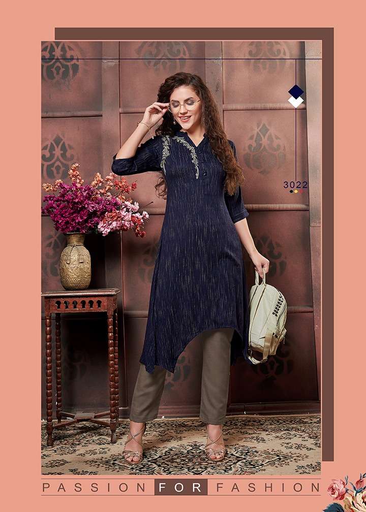 AANGI BY DEHLIZ TRENDZ 3020 TO 3025 SERIES BEAUTIFUL COLORFUL STYLISH FANCY CASUAL WEAR & ETHNIC WEAR & READY TO WEAR RAYON DUPLEX HEAVY FABRIC KURTIS AT WHOLESALE PRICE
