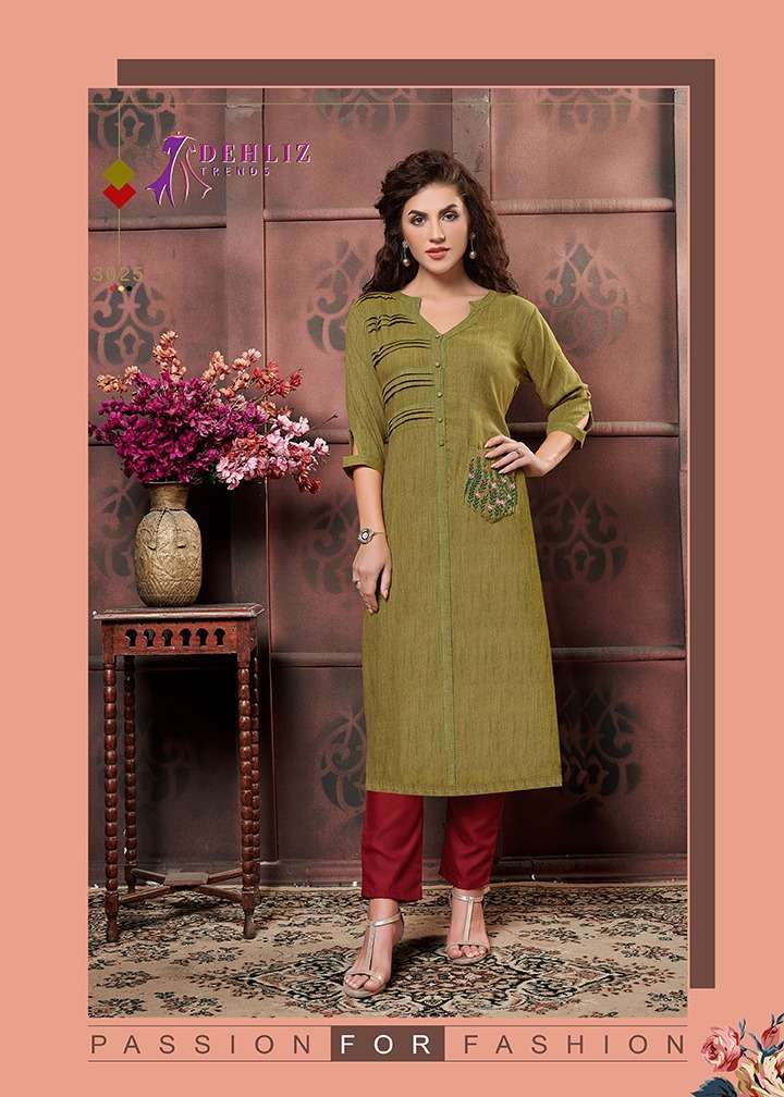 AANGI BY DEHLIZ TRENDZ 3020 TO 3025 SERIES BEAUTIFUL COLORFUL STYLISH FANCY CASUAL WEAR & ETHNIC WEAR & READY TO WEAR RAYON DUPLEX HEAVY FABRIC KURTIS AT WHOLESALE PRICE