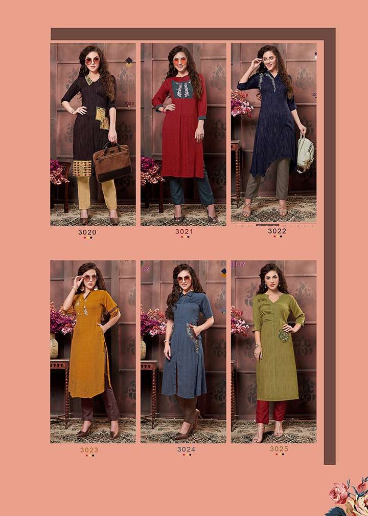 AANGI BY DEHLIZ TRENDZ 3020 TO 3025 SERIES BEAUTIFUL COLORFUL STYLISH FANCY CASUAL WEAR & ETHNIC WEAR & READY TO WEAR RAYON DUPLEX HEAVY FABRIC KURTIS AT WHOLESALE PRICE