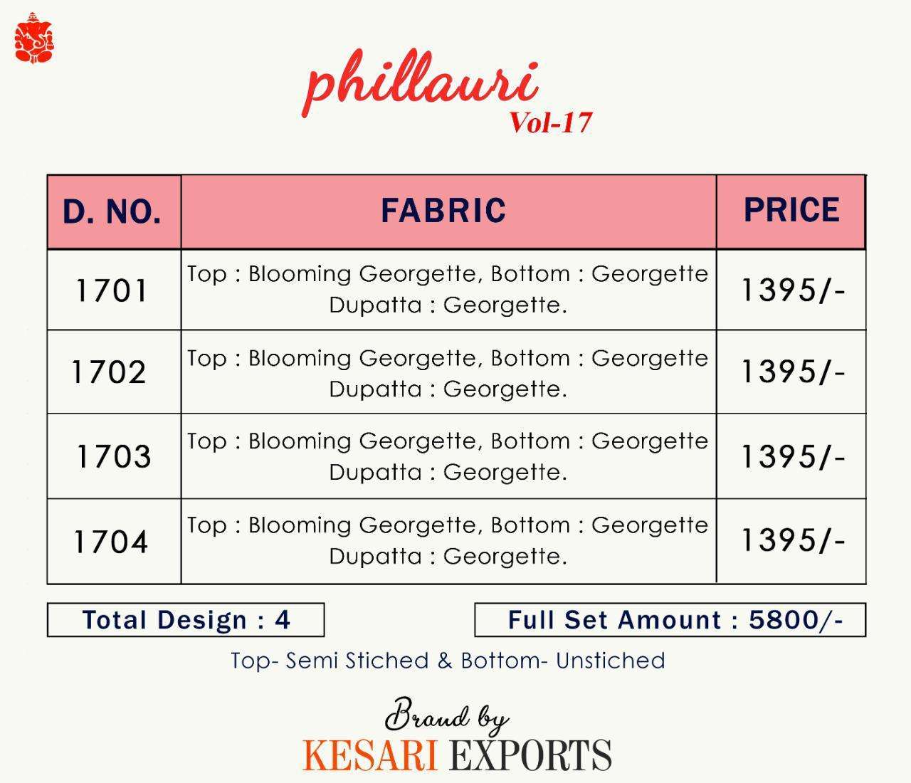 PHILLAURI VOL-17 BY PHILLAURI 1701 TO 1704 SERIES DESIGNER SUITS COLLECTION BEAUTIFUL STYLISH FANCY COLORFUL PARTY WEAR & OCCASIONAL WEAR BLOOMING GEORGETTE EMBROIDERED DRESSES AT WHOLESALE PRICE