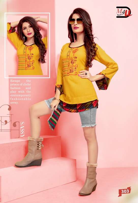 ATTITUDE VOL-2 BY M4U 301 TO 309 SERIES BEAUTIFUL COLORFUL STYLISH FANCY CASUAL WEAR & READY TO WEAR MILANGE AND COTTON PRINTED TOPS AT WHOLESALE PRICE