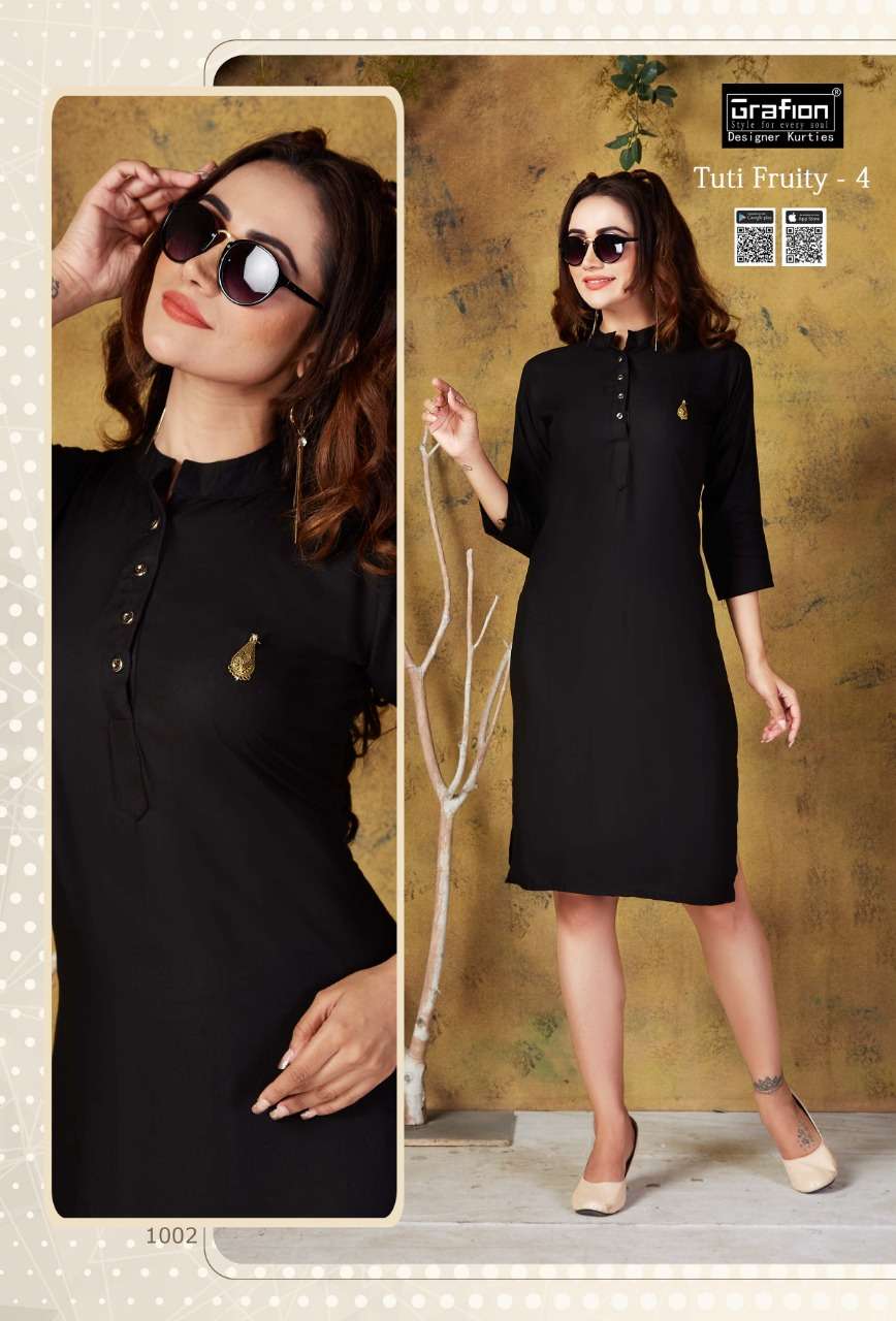 TUTY FRUITY VOL-4 BY GRAFION 1001 TO 1010 SERIES BEAUTIFUL COLORFUL STYLISH FANCY CASUAL WEAR & ETHNIC WEAR & READY TO WEAR HEAVY RAYON KURTIS AT WHOLESALE PRICE